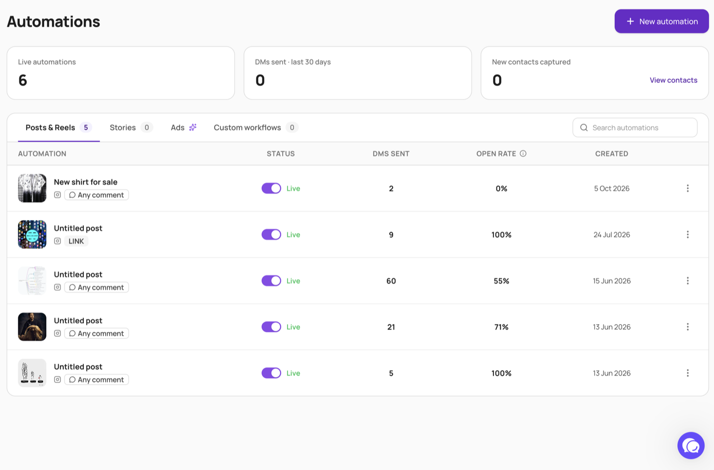 The Augst AI Automations screen listing live comment-to-DM automations, with the New automation button in the top right