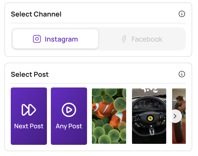 Select Channel set to Instagram, and the Select Post row showing Next Post, Any Post and recent posts