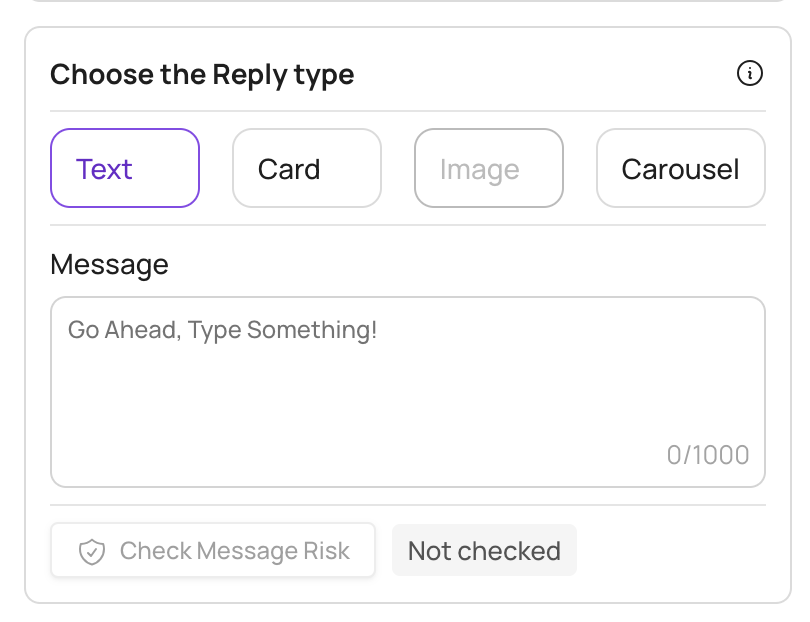 Reply type selector showing Text, Card, Image and Carousel, with the message box and the Check Message Risk button